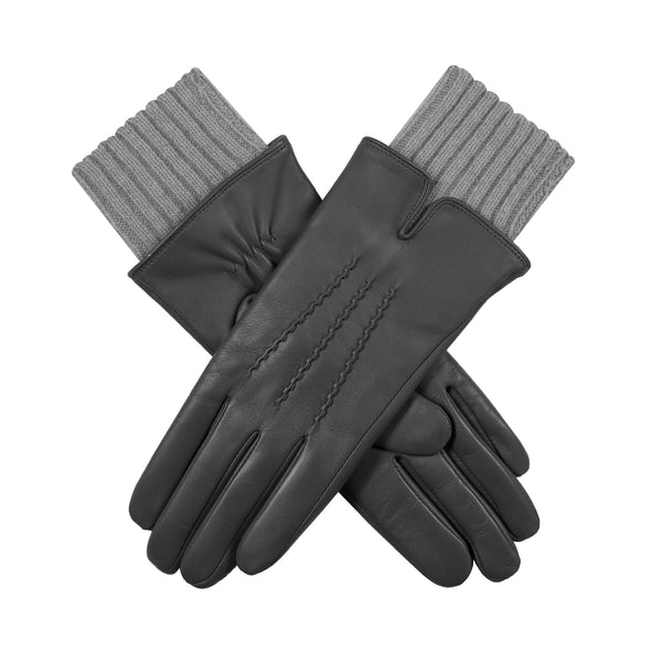 Gants en cuir à trois points doublés de laine mélangée pour femmes avec poignets tricotés