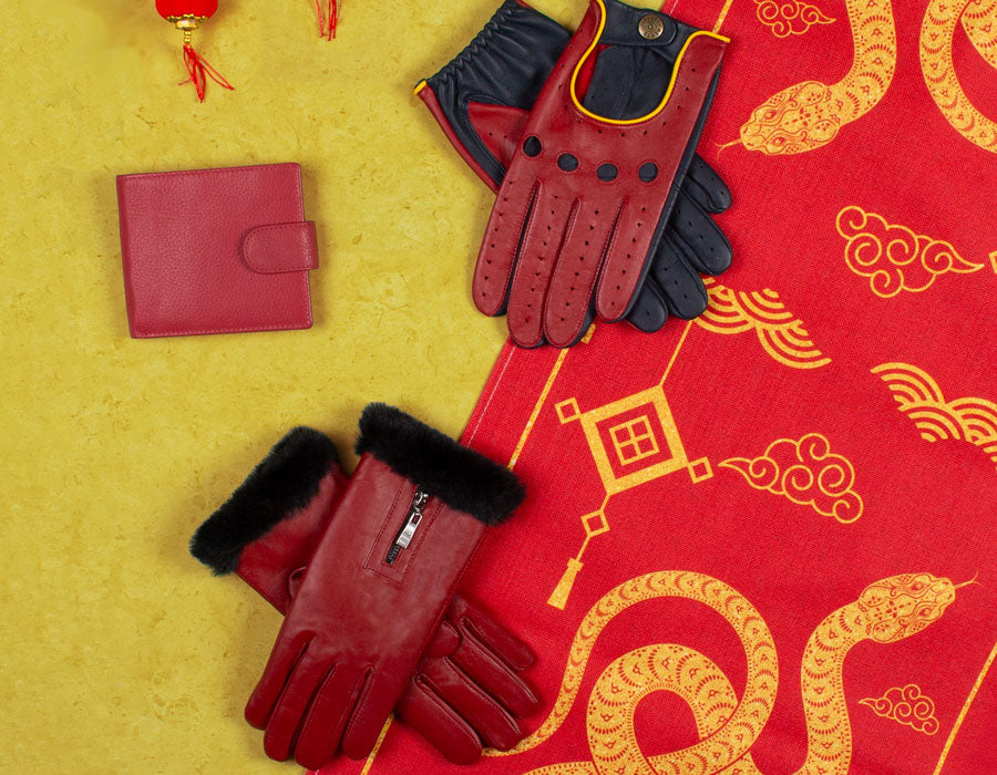 Lunar New Year Gifts - Berry gloves for men and women plus a berry leather bifold wallet